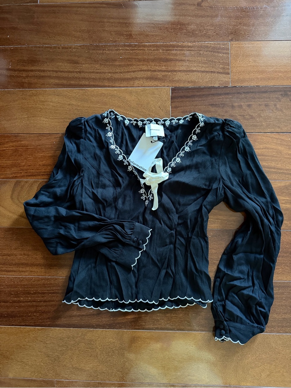 Reformation Black V-Neck Blouse with White Lace Trim